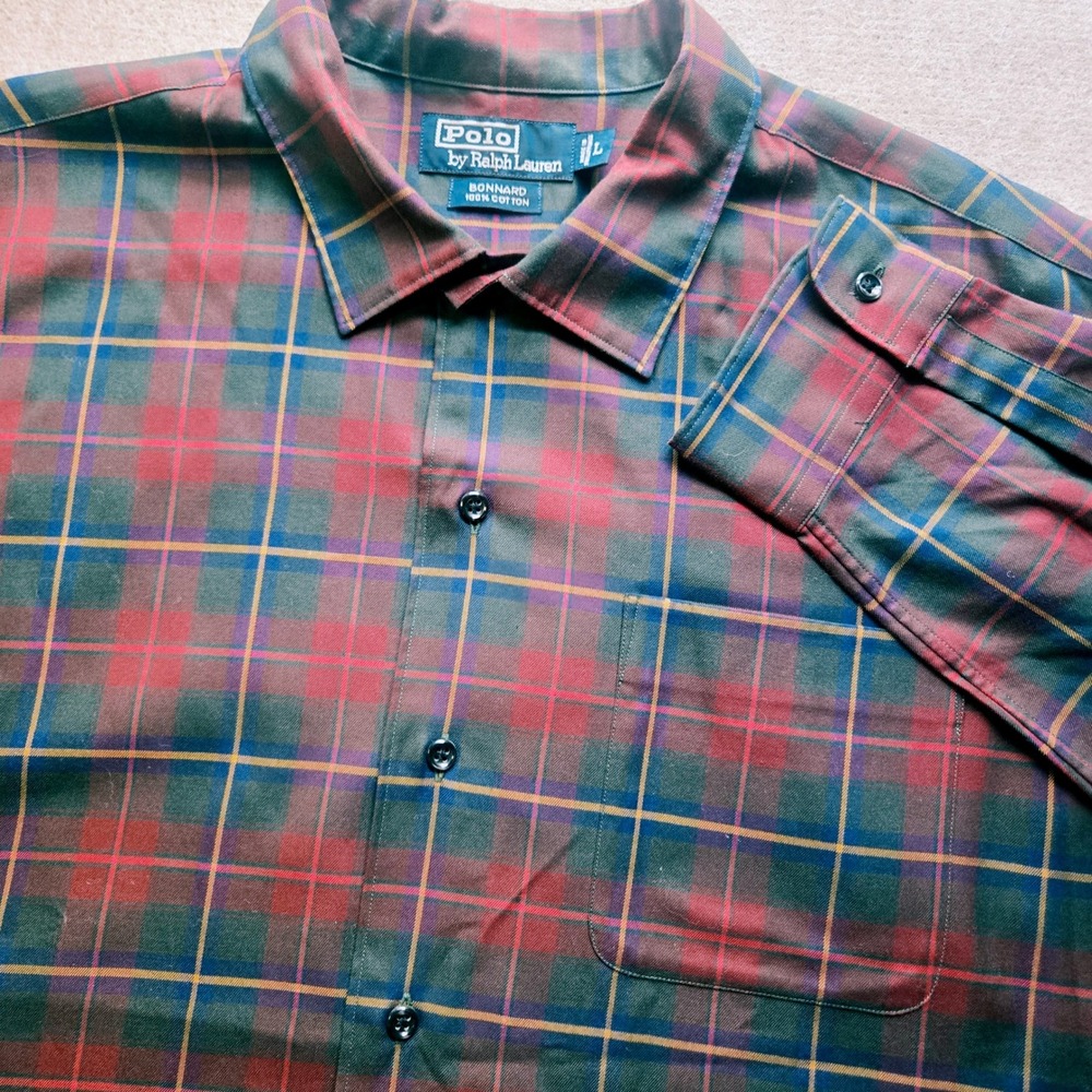 Polo Ralph Lauren Bonnard Mens Large Red Green Plaid Long Sleeve Button Up Shirt